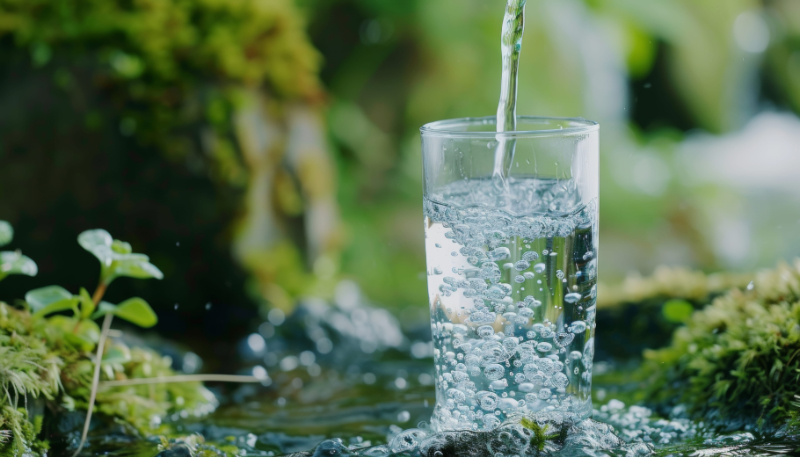 garden hydration Water is being poured into a tall glass outdoors, bubbles rising as the clear liquid fills the glass amid greenery.