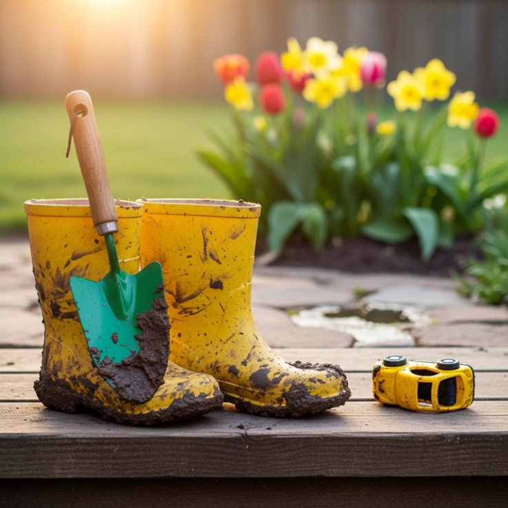 garden tools Photo of A pair of dirty yellow rubber boots with a green shovel