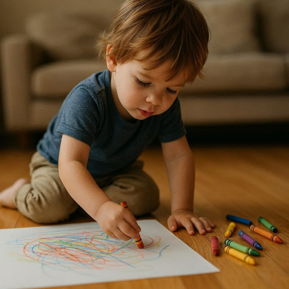 Cute little boy drawing with colorful crayons on the floor at home Toddler boy drawing colorful scribbles on paper with crayons scattered nearby on a wooden floor.