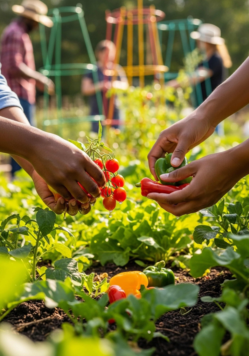 Close-up of farmer's hands picking fresh vegetables at vegetable garden People in a garden picking fresh tomatoes and peppers from a vegetable bed.