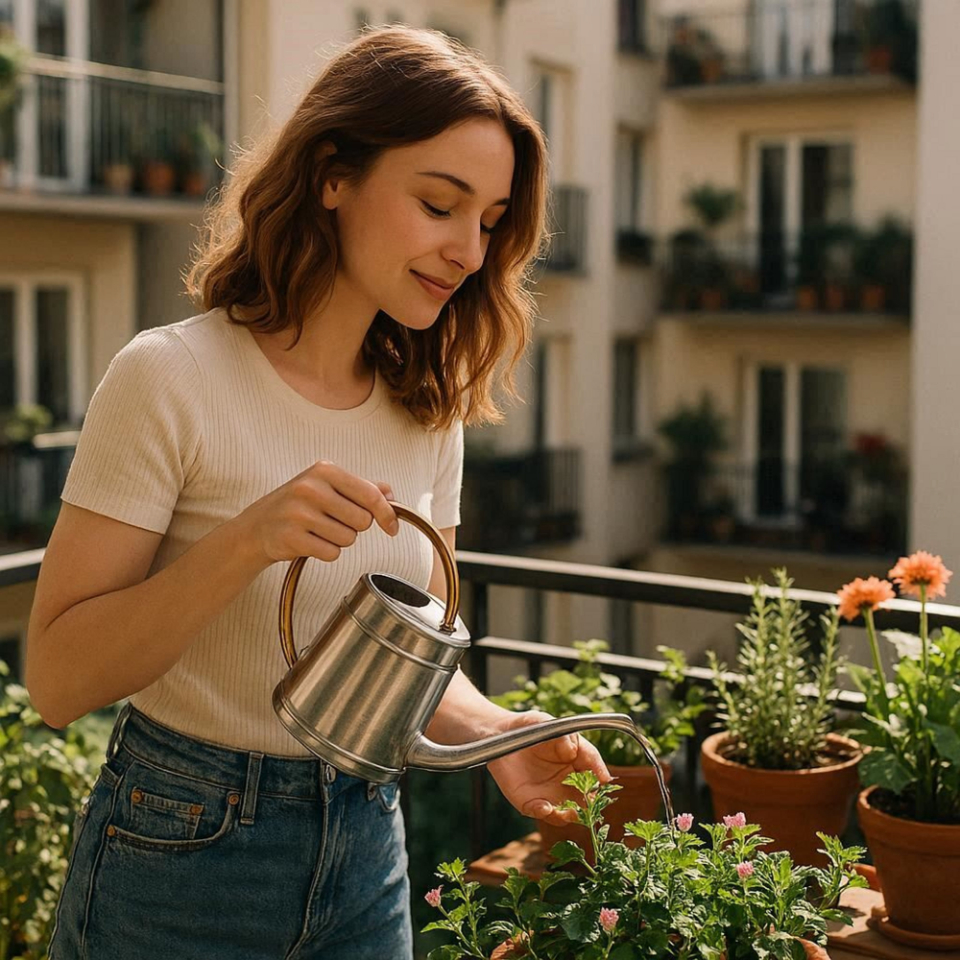 Beautiful young woman watering flowers in her terrace at home. photo of watering plants