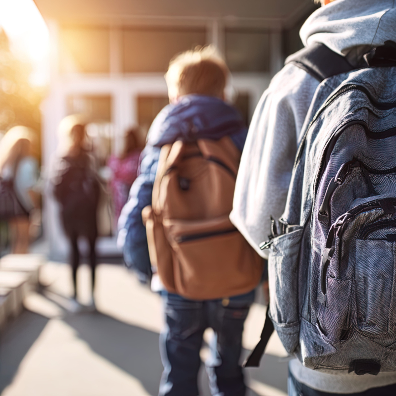 Back view of a group of students with backpacks going to school Child wearing a school backpack properly with both straps for back-to-school wellness