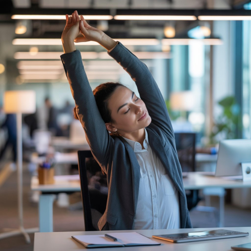 Young businesswoman stretching her arms while sitting at the desk in office