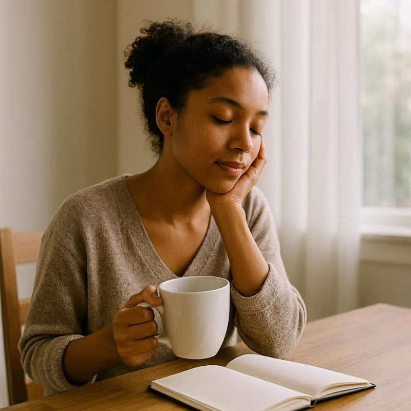 Young african american woman drinking coffee and reading a book at home A person sitting at a desk or kitchen table, absentmindedly rubbing their neck or shoulder while continuing to work.