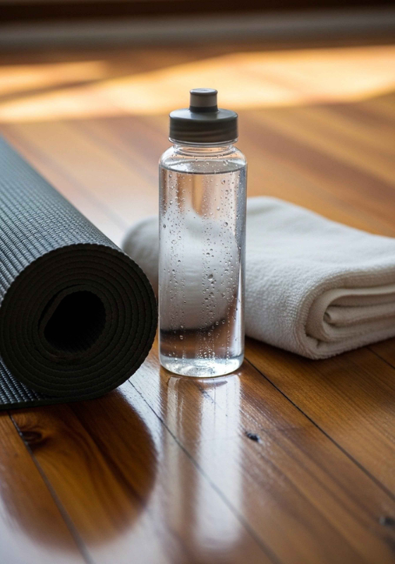 A fitness setup with a water bottle, yoga mat, and towel on a wooden floor general wellness for strress