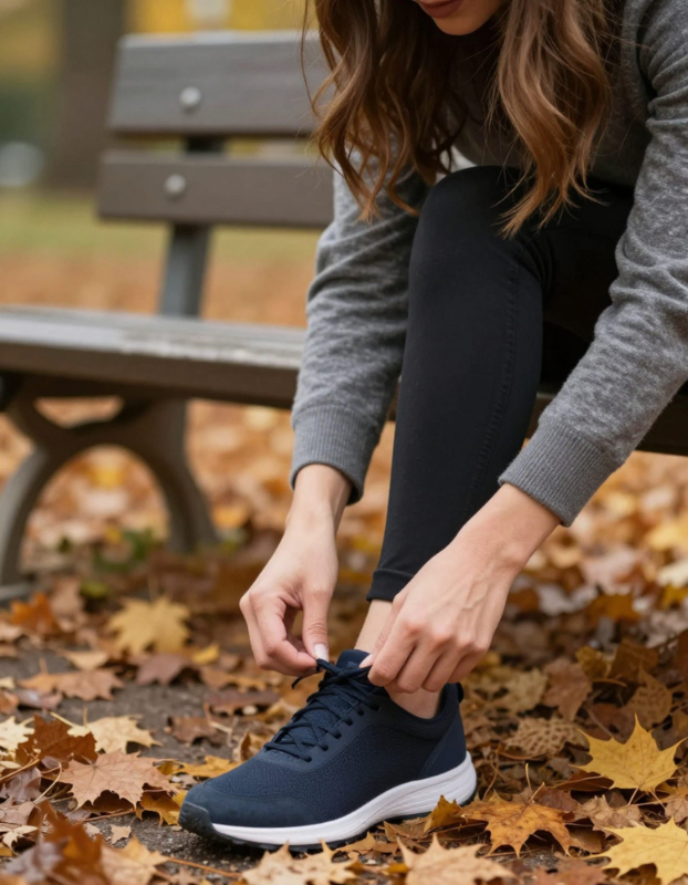 Young woman tying shoelaces on her sneakers in autumn park. woman tying shoes at home